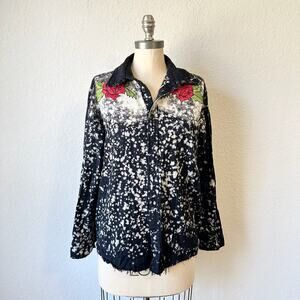 A RARE BIRD Shirt Bleach Splatter Button Up Embroidered Rose Grunge